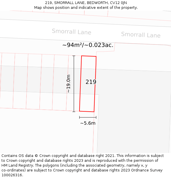 219, SMORRALL LANE, BEDWORTH, CV12 0JN: Plot and title map