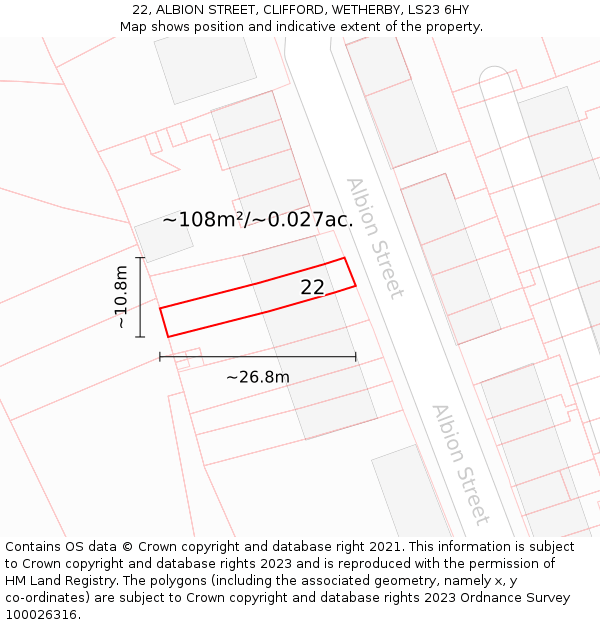 22, ALBION STREET, CLIFFORD, WETHERBY, LS23 6HY: Plot and title map