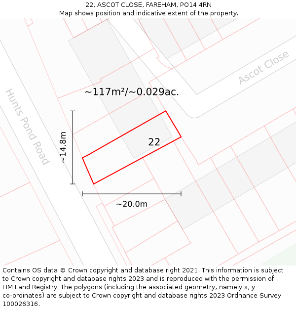 22, ASCOT CLOSE, FAREHAM, PO14 4RN: Plot and title map