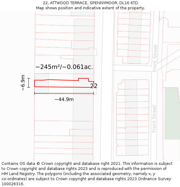 22, ATTWOOD TERRACE, SPENNYMOOR, DL16 6TD: Plot and title map