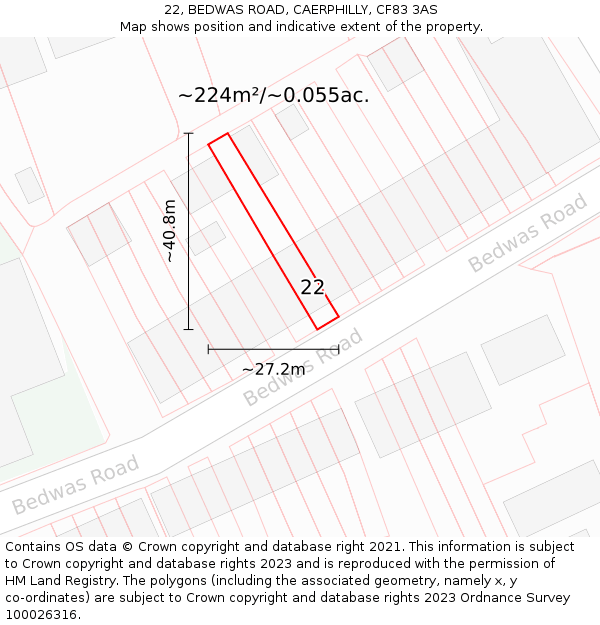 22, BEDWAS ROAD, CAERPHILLY, CF83 3AS: Plot and title map