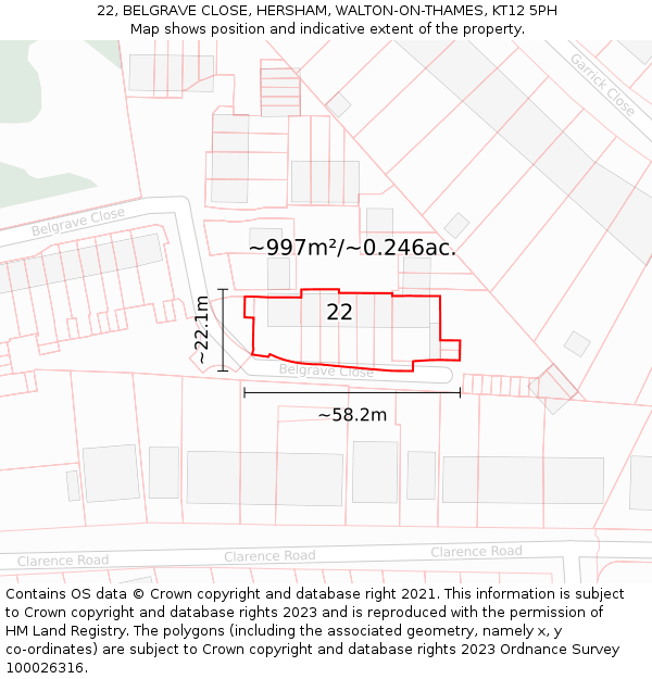 22, BELGRAVE CLOSE, HERSHAM, WALTON-ON-THAMES, KT12 5PH: Plot and title map