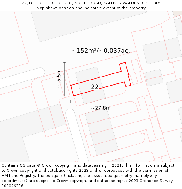 22, BELL COLLEGE COURT, SOUTH ROAD, SAFFRON WALDEN, CB11 3FA: Plot and title map