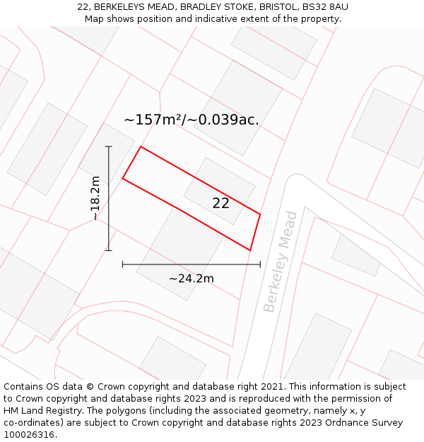 22, BERKELEYS MEAD, BRADLEY STOKE, BRISTOL, BS32 8AU: Plot and title map