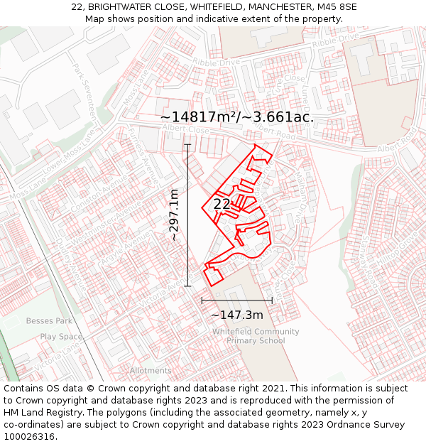 22, BRIGHTWATER CLOSE, WHITEFIELD, MANCHESTER, M45 8SE: Plot and title map