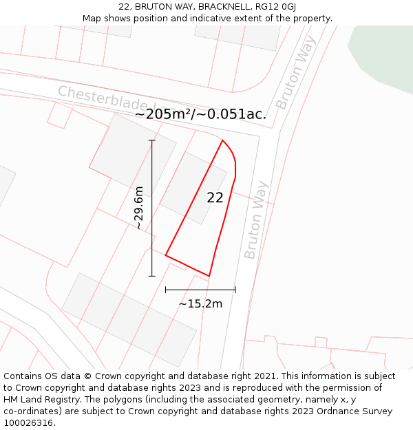 22, BRUTON WAY, BRACKNELL, RG12 0GJ: Plot and title map