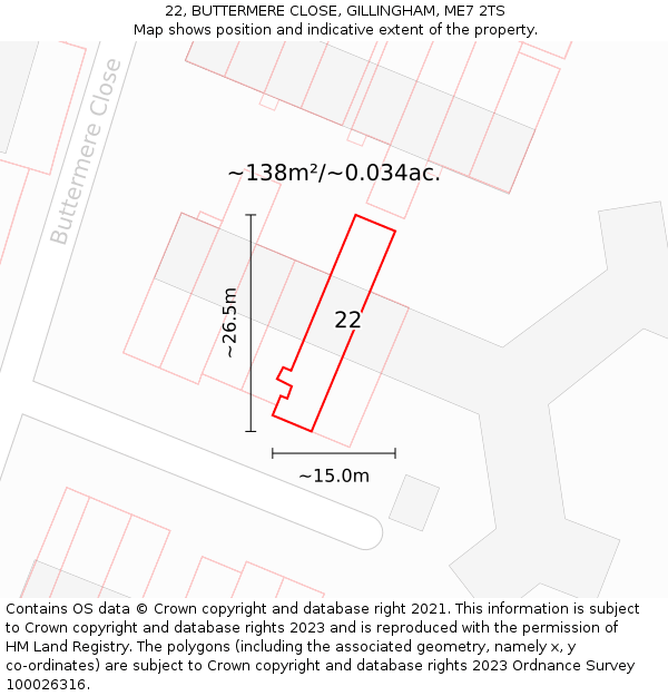 22, BUTTERMERE CLOSE, GILLINGHAM, ME7 2TS: Plot and title map