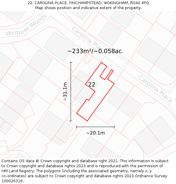 22, CAROLINA PLACE, FINCHAMPSTEAD, WOKINGHAM, RG40 4PQ: Plot and title map