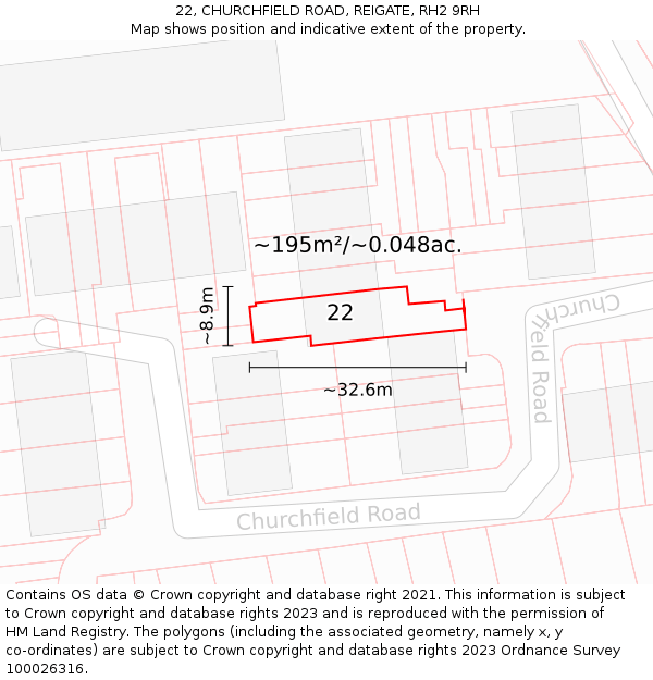 22, CHURCHFIELD ROAD, REIGATE, RH2 9RH: Plot and title map