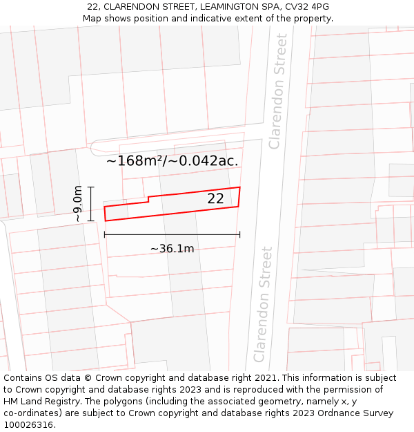 22, CLARENDON STREET, LEAMINGTON SPA, CV32 4PG: Plot and title map
