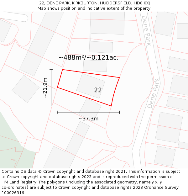 22, DENE PARK, KIRKBURTON, HUDDERSFIELD, HD8 0XJ: Plot and title map
