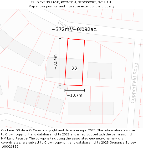 22, DICKENS LANE, POYNTON, STOCKPORT, SK12 1NL: Plot and title map
