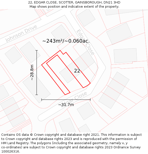 22, EDGAR CLOSE, SCOTTER, GAINSBOROUGH, DN21 3HD: Plot and title map