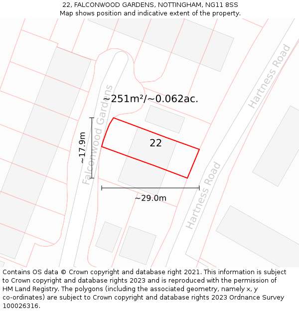 22, FALCONWOOD GARDENS, NOTTINGHAM, NG11 8SS: Plot and title map