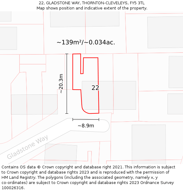 22, GLADSTONE WAY, THORNTON-CLEVELEYS, FY5 3TL: Plot and title map
