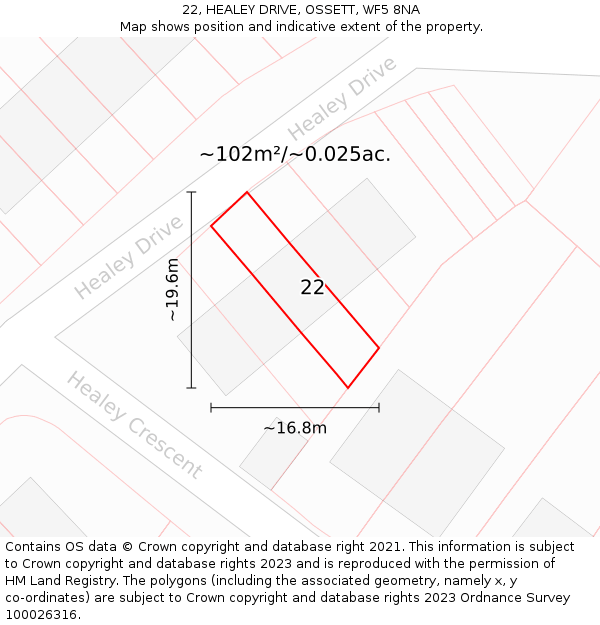 22, HEALEY DRIVE, OSSETT, WF5 8NA: Plot and title map