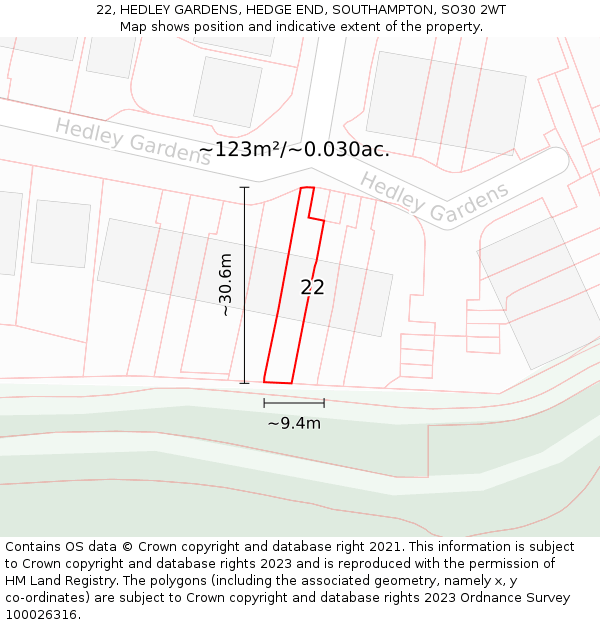22, HEDLEY GARDENS, HEDGE END, SOUTHAMPTON, SO30 2WT: Plot and title map