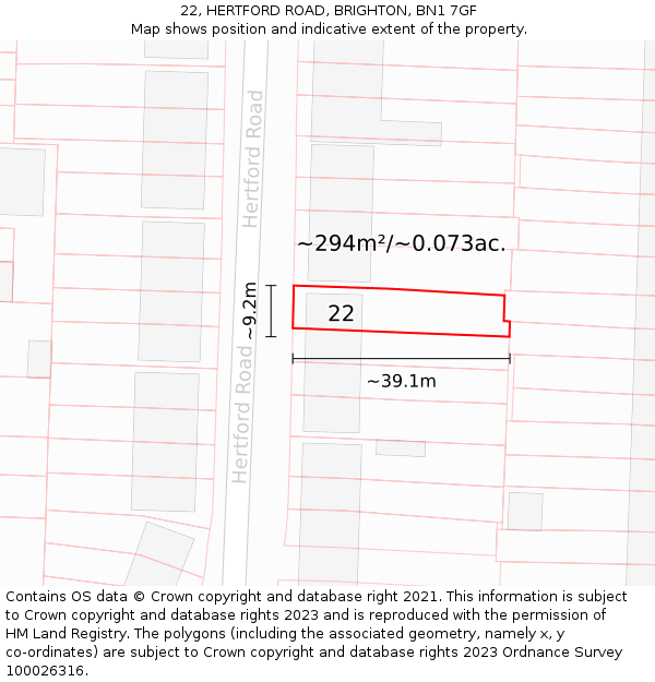 22, HERTFORD ROAD, BRIGHTON, BN1 7GF: Plot and title map