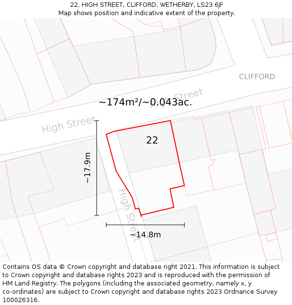 22, HIGH STREET, CLIFFORD, WETHERBY, LS23 6JF: Plot and title map