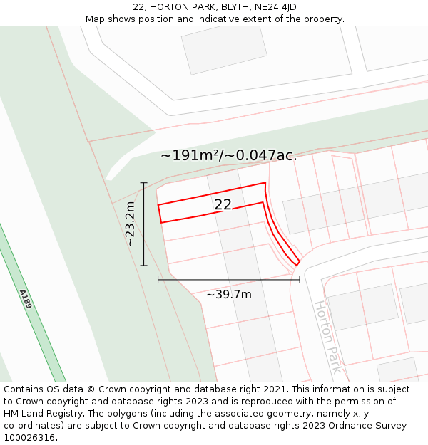 22, HORTON PARK, BLYTH, NE24 4JD: Plot and title map