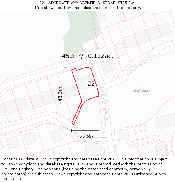 22, LADYBOWER WAY, YARNFIELD, STONE, ST15 0WL: Plot and title map