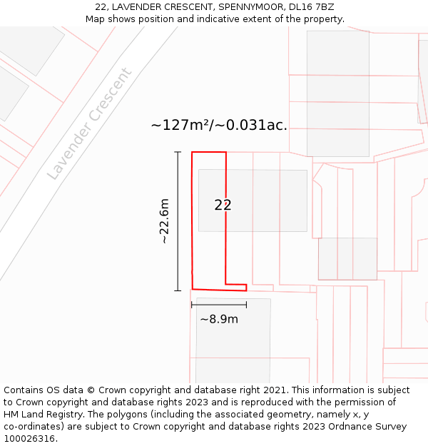 22, LAVENDER CRESCENT, SPENNYMOOR, DL16 7BZ: Plot and title map