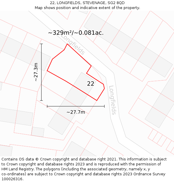 22, LONGFIELDS, STEVENAGE, SG2 8QD: Plot and title map