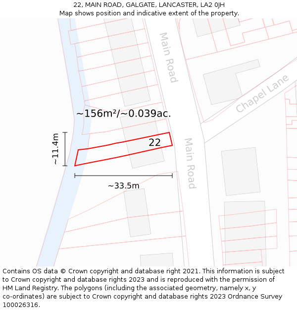 22, MAIN ROAD, GALGATE, LANCASTER, LA2 0JH: Plot and title map
