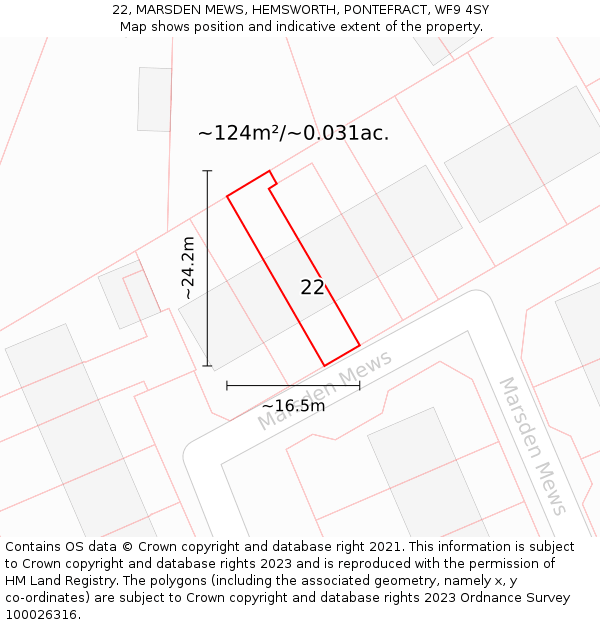 22, MARSDEN MEWS, HEMSWORTH, PONTEFRACT, WF9 4SY: Plot and title map