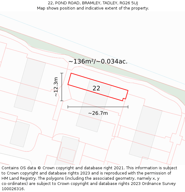 22, POND ROAD, BRAMLEY, TADLEY, RG26 5UJ: Plot and title map