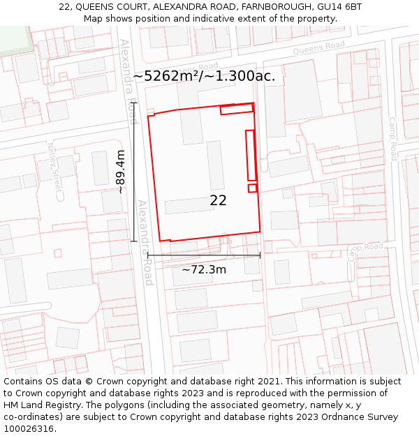 22, QUEENS COURT, ALEXANDRA ROAD, FARNBOROUGH, GU14 6BT: Plot and title map