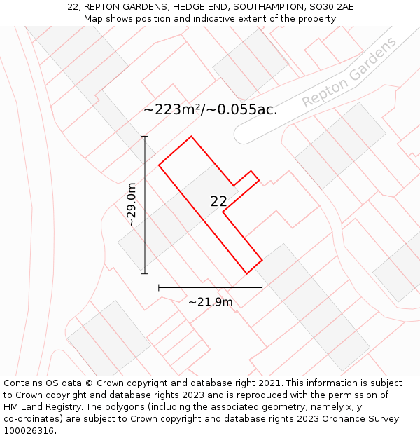 22, REPTON GARDENS, HEDGE END, SOUTHAMPTON, SO30 2AE: Plot and title map