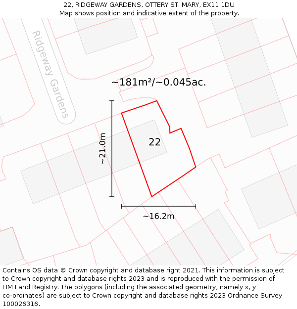 22, RIDGEWAY GARDENS, OTTERY ST. MARY, EX11 1DU: Plot and title map