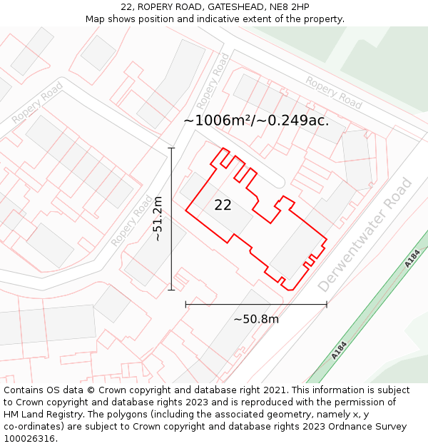 22, ROPERY ROAD, GATESHEAD, NE8 2HP: Plot and title map