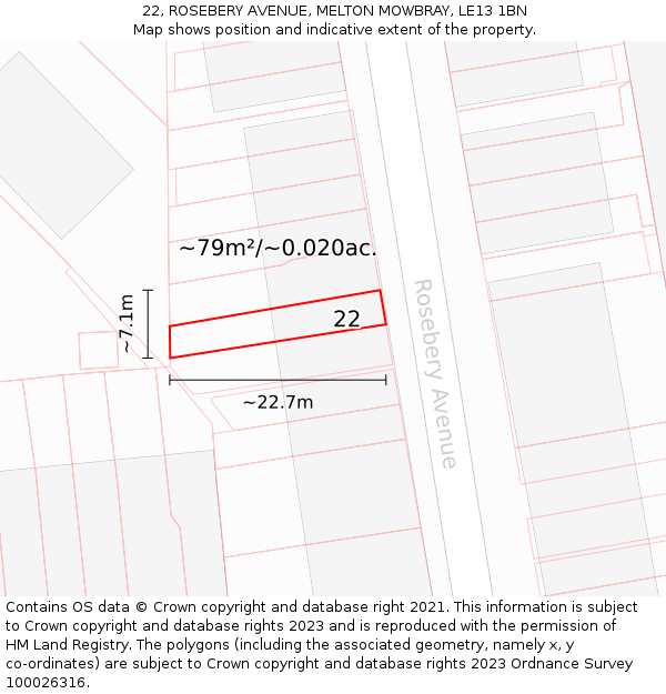 22, ROSEBERY AVENUE, MELTON MOWBRAY, LE13 1BN: Plot and title map