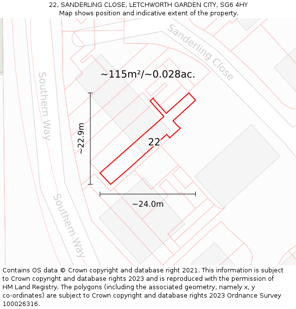 22, SANDERLING CLOSE, LETCHWORTH GARDEN CITY, SG6 4HY: Plot and title map