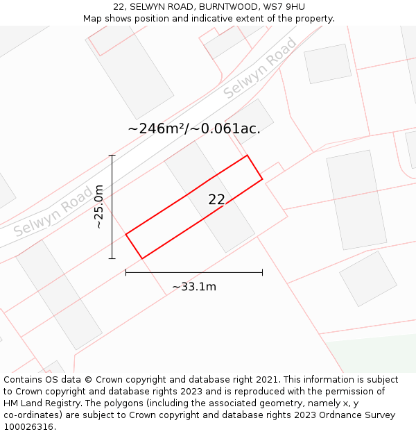 22, SELWYN ROAD, BURNTWOOD, WS7 9HU: Plot and title map