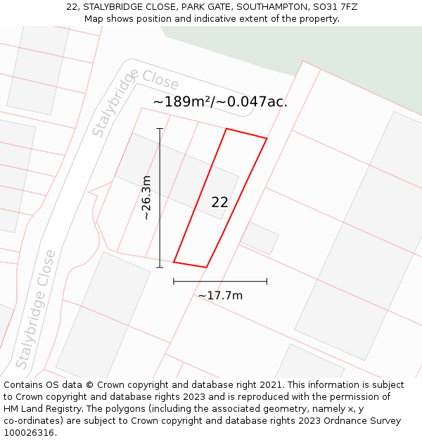 22, STALYBRIDGE CLOSE, PARK GATE, SOUTHAMPTON, SO31 7FZ: Plot and title map