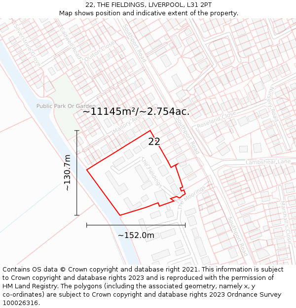 22, THE FIELDINGS, LIVERPOOL, L31 2PT: Plot and title map