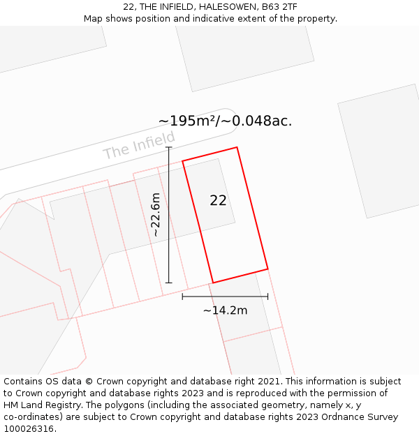 22, THE INFIELD, HALESOWEN, B63 2TF: Plot and title map