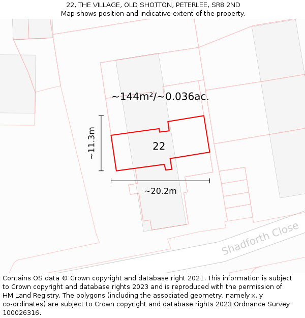 22, THE VILLAGE, OLD SHOTTON, PETERLEE, SR8 2ND: Plot and title map