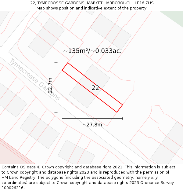 22, TYMECROSSE GARDENS, MARKET HARBOROUGH, LE16 7US: Plot and title map
