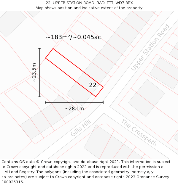 22, UPPER STATION ROAD, RADLETT, WD7 8BX: Plot and title map
