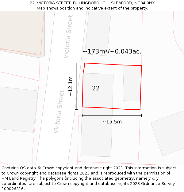 22, VICTORIA STREET, BILLINGBOROUGH, SLEAFORD, NG34 0NX: Plot and title map