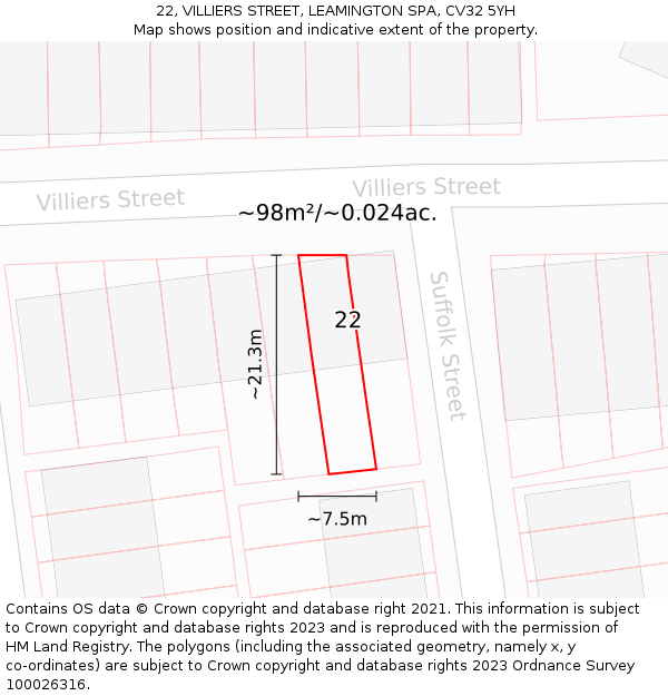 22, VILLIERS STREET, LEAMINGTON SPA, CV32 5YH: Plot and title map