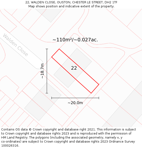22, WALDEN CLOSE, OUSTON, CHESTER LE STREET, DH2 1TF: Plot and title map