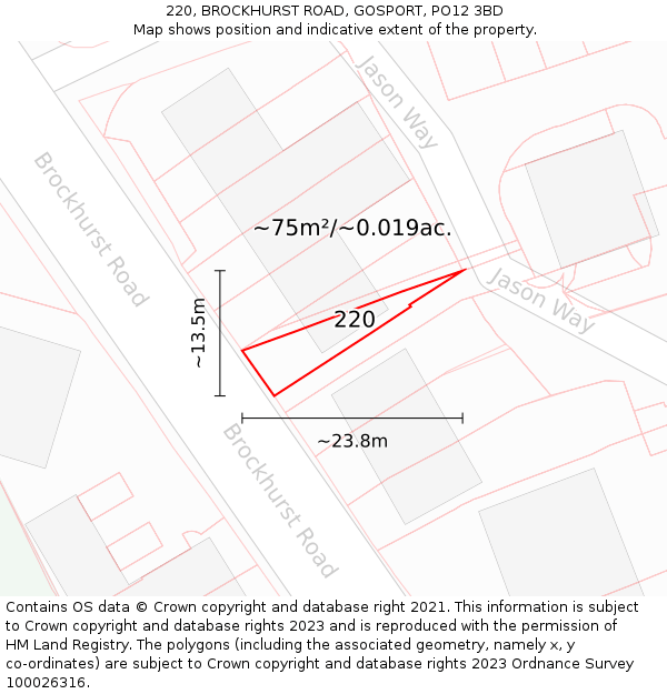 220, BROCKHURST ROAD, GOSPORT, PO12 3BD: Plot and title map