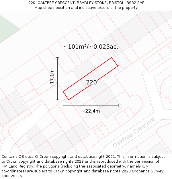 220, OAKTREE CRESCENT, BRADLEY STOKE, BRISTOL, BS32 9AE: Plot and title map