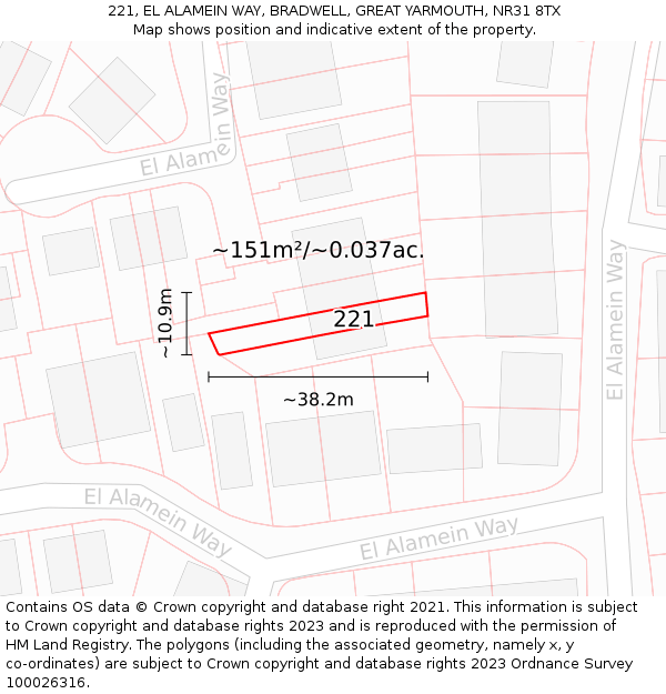 221, EL ALAMEIN WAY, BRADWELL, GREAT YARMOUTH, NR31 8TX: Plot and title map