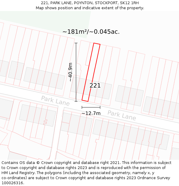 221, PARK LANE, POYNTON, STOCKPORT, SK12 1RH: Plot and title map